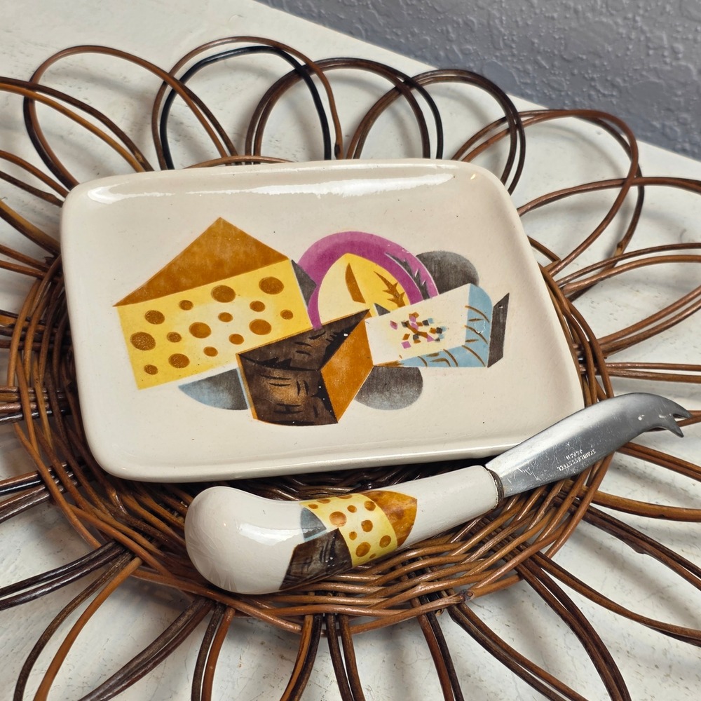 Vintage Napco Mid Century Ceramic Cheese Plate and Matching Spreader Knife Set